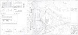 Hansjakob, Gottfried; Bonn; Bundesviertel - Rheinaue - Ausführungsplan Rheinaue Gronau mit Café (Grundriss), Detailpläne Straße, Treppe, Rampe, Brückenplatz (Grundriss; Schnitt; Abwicklung)