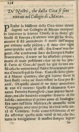 De' Nostri, che dalla Cina si sono ritirati nel Collegio di Macao