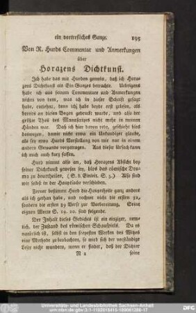 Von R. Hurds Commentar und Anmerkungen über Horazens Dichtkunst.