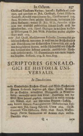 Scriptores Genealogici Et Historiae Universalis. In Duodecimo