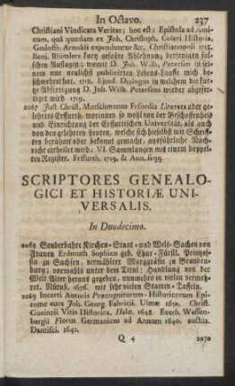 Scriptores Genealogici Et Historiae Universalis. In Duodecimo