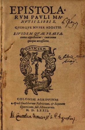 Epistolarvm Pavli Manvtii Libri X : Qvinqve Nvper Additis