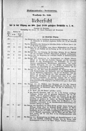Drucksache 229: Uebersicht der in der Sitzung am 10. Mai 1899 gefaßten Beschlüsse u.s.w., 28. Juni 1899