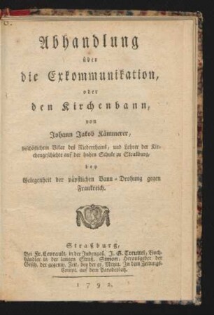 Abhandlung über die Exkommunikation, oder den Kirchenbann