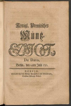 Königl. Preußisches Müntz-Edict