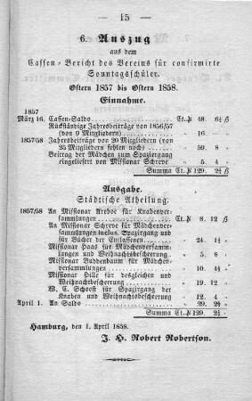 6. Auszug aus dem Cassen=Bericht des Vereins für confirmirte Sonntagsschüler.