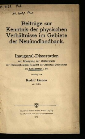 Beiträge zur Kenntnis der physischen Verhältnisse im Gebiete der Neufundlandbank