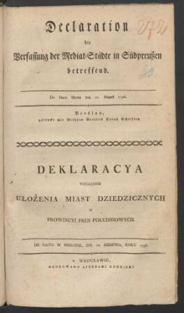 Declaration die Verfassung der Mediat-Städte in Südpreußen betreffend : De Dato Berlin den 10. August 1796.