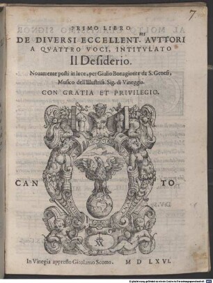 PRIMO LIBRO DE DIVERSI ECCELLENT.MI AVTTORI A QVATTRO VOCI, INTITVLATO Il Desiderio
