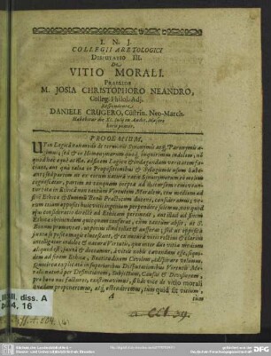 Collegii aretologici disputatio III. de vitio morali