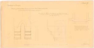 Rathaus, Striegau 4. Projekt: Ausführungsentwurf: Detail Fassade: Konsolen für Erker und Turm, Grundriss, Schnitte, Maßstabsleiste (Fuß)