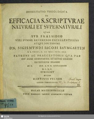 Dissertatio Theologica De Efficacia S. Scriptvrae Natvrali Et Svpernatvrali