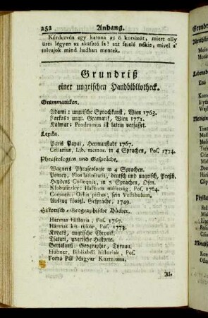 Grundriß einer ungrischen Handbibliotheck
