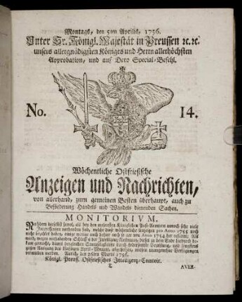No. 14. Montags, den 5ten Aprilis, 1756.