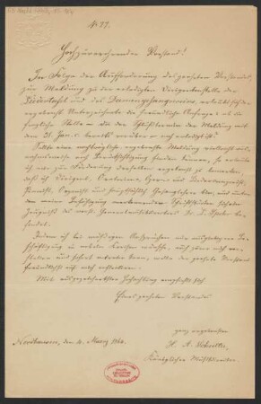 Brief an Mainzer Liedertafel : 04.03.1864
