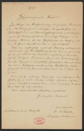Brief an Mainzer Liedertafel : 04.03.1864