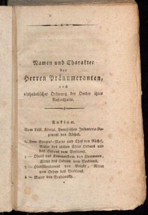 Namen und Charakter der Herren Pränumeranten, nach alphabetischer Ordnung der Oerter ihres Aufenthalts.