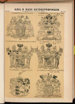 Taf. 20. Gf. Nieroth, Schwed. Grf. 26.VI.1706. - Gf. Olssufjew. K. Russ. Grf. 26/VIII ; 7/IX.1856. Wppnbest. 17/28 V.1857. - Gf. Orlow, I. (†) Russ. Grf. 22.IX / 3.X.1726. R. Gf. 21.VII.1763. - Grf. Orlow II. Russ. Grf. 14.XII.1825. Wppnbest. 31/X ; 12/XI 1841. - Grf. O'Rourke, K. Französ. Grf. Aug. 1771. - Gf. v. d. Osten gen. Sacken. (a. d. H. Dondangen. R. Grf. 1.III 1763