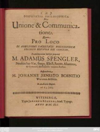 Disputatio Philosophica De Unione & Communicatione
