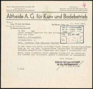 Kurtheater, Bad Altheide: Schriftstück zum Fragebogen für das Handbuch »Das Deutsche Theater«