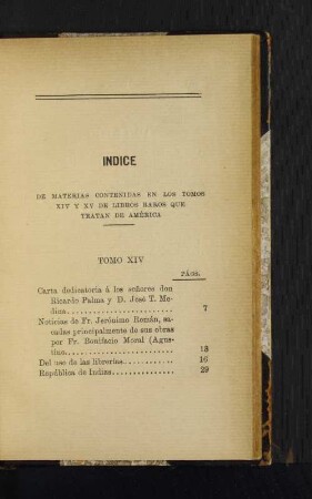 Indice de materias contenidas en los tomos XIV y XV de libros raros que tratan de América