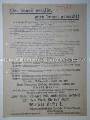 Propagandaflugblatt der NSDAP mit Polemik gegen die Notverordnungen der Weimarer Republik