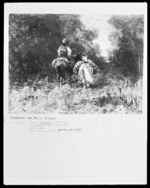 Aufgesessener Reiter mit Handpferd in einem Walde