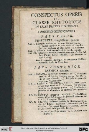 Conspectus operis pro classe rhetorices in duas partes distributi