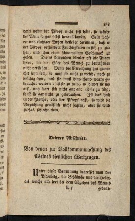 313-329, Dritter Abschnitt. Von denen zur Vollkommenmachung des Weines dienlichen Werkzeugen.