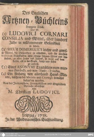 Zweyter Theil: Das ist: Ludovici Cornari Consilia und Mittel, über hundert Jahr in vollkommner Gesundheit zu leben