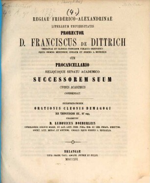 Regiae Friderico-Alexandrinae Litterarum Universitatis prorector ... cum procancellario reliquoque senatu academico successorem suum civibus academicis commendat. 1856