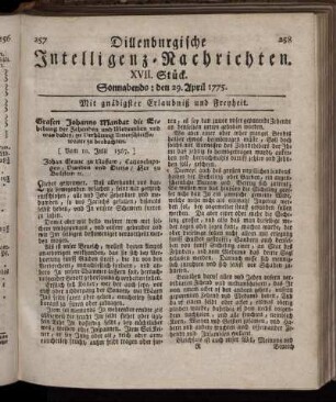 Sonnabends: den 29. April 1775.