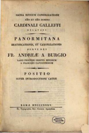 Panormitana beatificationis, et canonizationis servi Dei Fr. Andreae a Bargio laici professi ordinis minorum S. Francisci capuccinorum