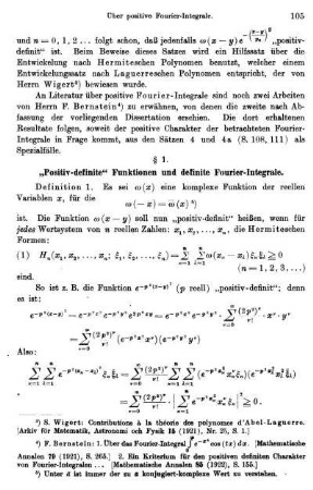 § 1. "Positiv-definite" Funktionen und definite Fourier-Integrale.
