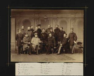 Generalstabsreise 1885 (?), sechzehn Offiziere, teils stehend, teils sitzend, in Uniform teilweise mit Mütze