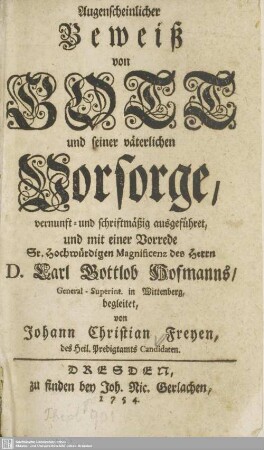 Augenscheinlicher Beweiß von Gott und seiner väterlichen Vorsorge