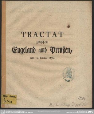 Tractat zwischen Engeland und Preußen, vom 16. Januarii 1756