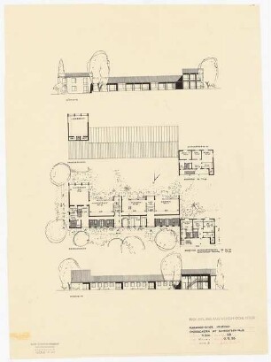 Evangelisches Gemeindezentrum, Herford: Kindergarten: Ansichten und Grundrisse Erdgeschoss, Obergeschoss 1:200