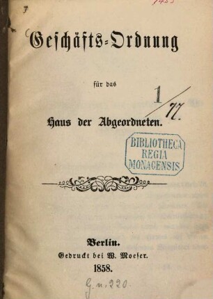 Geschäfts-Ordnung für das Haus der Abgeordneten