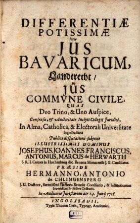 Differentiæ Potissimæ Inter Jus Bavaricum, Landtrecht, Et Jus Commvne Civile
