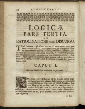 Logicæ Pars Tertia. De Ratiocinatione sive Discursu.