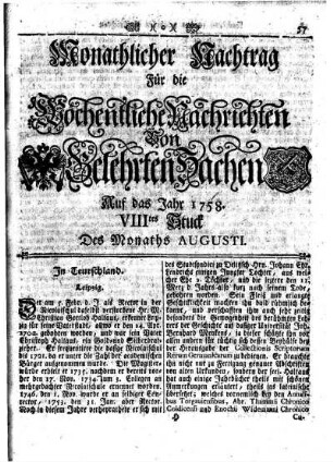 Monathlicher Nachtag [...] VIIItes Stuck Des Monaths Augusti