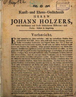 Kunst- und Ehrengedächtniss Herrn Johann Holzers, weit berühmten und hoch schätzbaren Historien- und Fresco-Malers in Augsburg