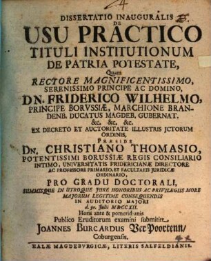 Dissertatio Inauguralis De Usu Practico Tituli Institutionum De Patria Potestate
