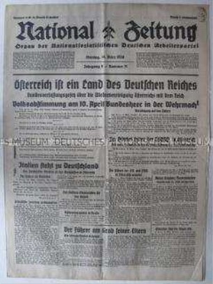 Tageszeitung "National Zeitung" zum "Anschluss" Österreichs an das Deutsche Reich und mit einem Bildbericht über die "Hitlerstadt Linz"
