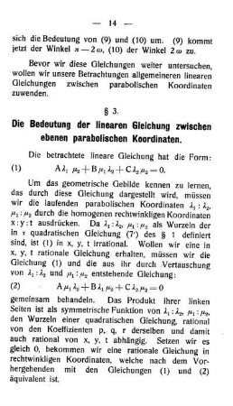 § 3. Die Bedeutung der linearen Gleichung zwischen ebenen parabolischen Koordinaten.