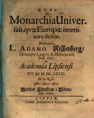 De monarchia universali, quae Europae imminere dicitur