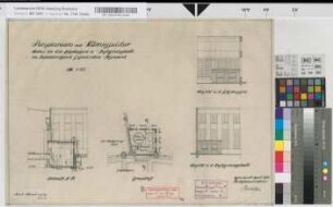 Pumpenraum mit Wärmespeicher: Anbau an den Lokschuppen und -Ausbesserungshalle im Bahnbetriebswerk Gelsenkirchen-Bismarck: Ansichten, Grundriß, Schnitt, M. 1:100 Hgl, Sknr.: 1, Fanr.: 14, Bunr.: 2