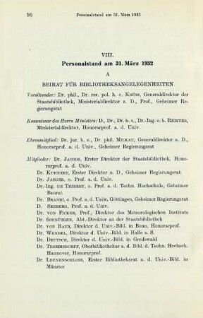 VIII. Personalstand am 31. März 1932