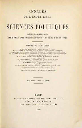 Annales de l'École Libre des Sciences Politiques. 11. 1896
